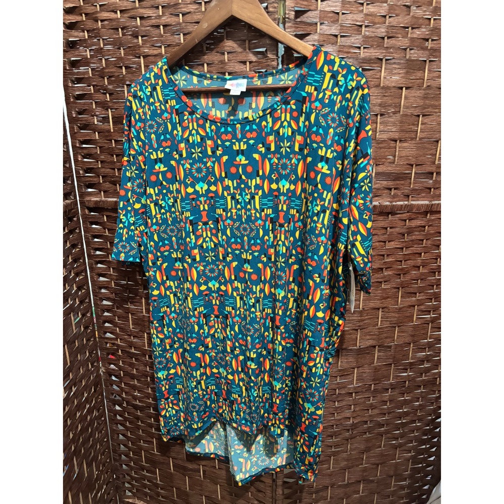 LuLaRoe Irma Tunic Top Shirt Medium M Abstract Print Teal Blue‎ Orange